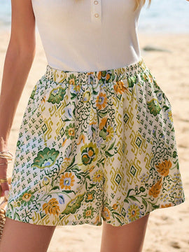 Frenchy Temporada de bodas de verano, cortos lindos casuales estilo boho chic con cintura ajustada y estampado exquisito de flores, patron geometrico, botanico, tropical y paisley, elegante y romantico, traje de bano