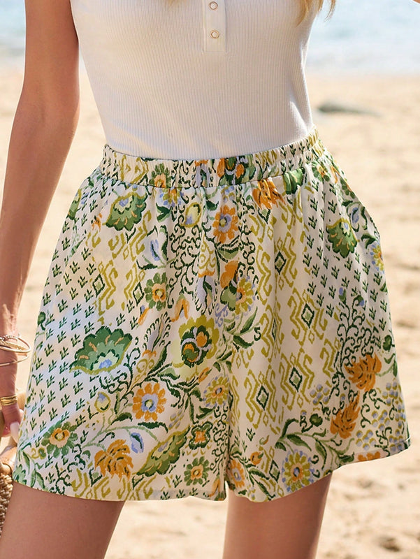 Frenchy Temporada de bodas de verano, cortos lindos casuales estilo boho chic con cintura ajustada y estampado exquisito de flores, patron geometrico, botanico, tropical y paisley, elegante y romantico, traje de bano