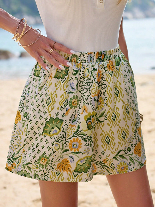 Frenchy Temporada de bodas de verano, cortos lindos casuales estilo boho chic con cintura ajustada y estampado exquisito de flores, patron geometrico, botanico, tropical y paisley, elegante y romantico, traje de bano
