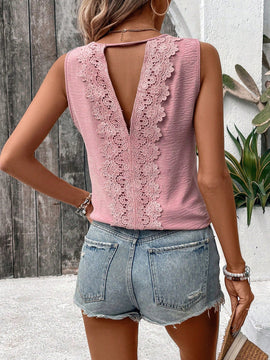 VCAY Blusa Sin Mangas Para Mujer Con Encaje Y Parches En La Espalda