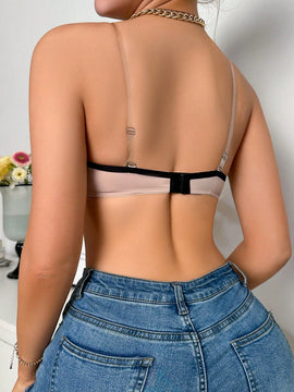 Sosten sin tirantes para mujer con cierre frontal y detalles en contraste