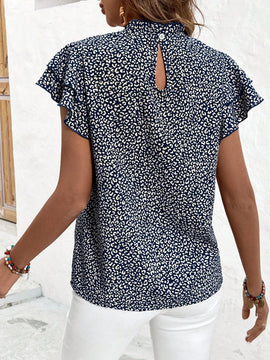 VCAY Camisa De Manga Con Volantes Con Estampado De Leopardo Y Cuello Levantado Para Mujer