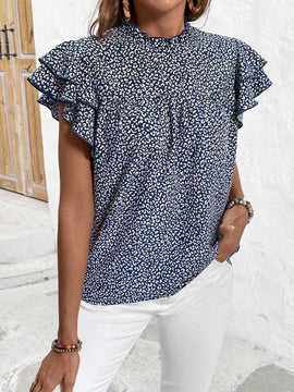 VCAY Camisa De Manga Con Volantes Con Estampado De Leopardo Y Cuello Levantado Para Mujer