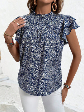 VCAY Camisa De Manga Con Volantes Con Estampado De Leopardo Y Cuello Levantado Para Mujer