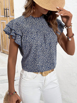 VCAY Camisa De Manga Con Volantes Con Estampado De Leopardo Y Cuello Levantado Para Mujer