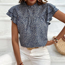 VCAY Camisa De Manga Con Volantes Con Estampado De Leopardo Y Cuello Levantado Para Mujer