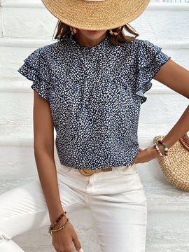 VCAY Camisa De Manga Con Volantes Con Estampado De Leopardo Y Cuello Levantado Para Mujer