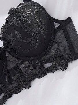 Sujetador Clasico Negro Para Mujer Con Copas Moldeadas Y Diseno De Flores Bordadas Para Tops