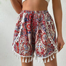 VCAY Pantalones Cortos De Cintura Elastica Con Estampado De Cachemira Y Bajo De Flecos