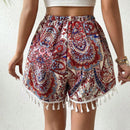VCAY Pantalones Cortos De Cintura Elastica Con Estampado De Cachemira Y Bajo De Flecos