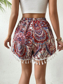 VCAY Pantalones Cortos De Cintura Elastica Con Estampado De Cachemira Y Bajo De Flecos