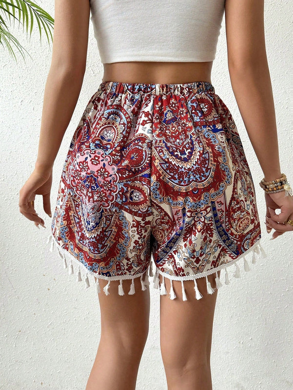 VCAY Pantalones Cortos De Cintura Elastica Con Estampado De Cachemira Y Bajo De Flecos