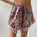 VCAY Pantalones Cortos De Cintura Elastica Con Estampado De Cachemira Y Bajo De Flecos