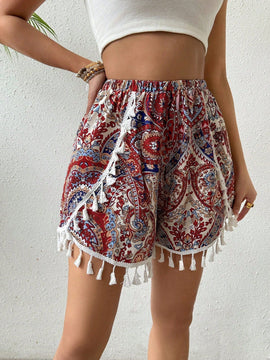 VCAY Pantalones Cortos De Cintura Elastica Con Estampado De Cachemira Y Bajo De Flecos