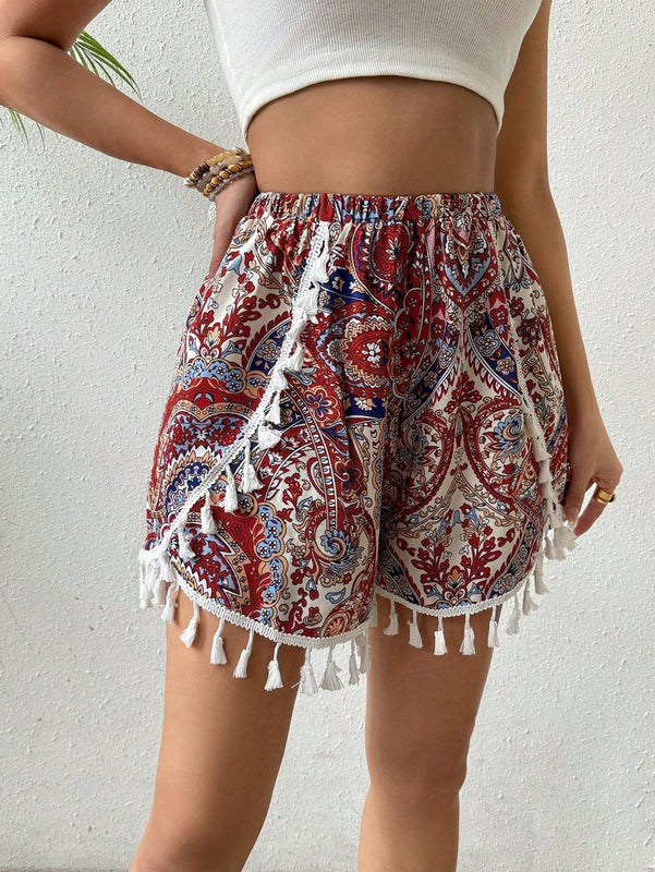 VCAY Pantalones Cortos De Cintura Elastica Con Estampado De Cachemira Y Bajo De Flecos