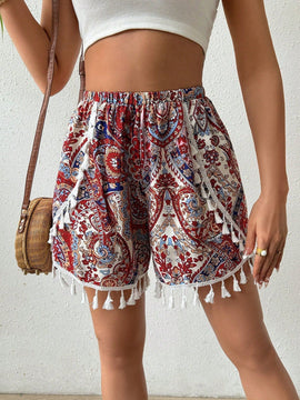 VCAY Pantalones Cortos De Cintura Elastica Con Estampado De Cachemira Y Bajo De Flecos