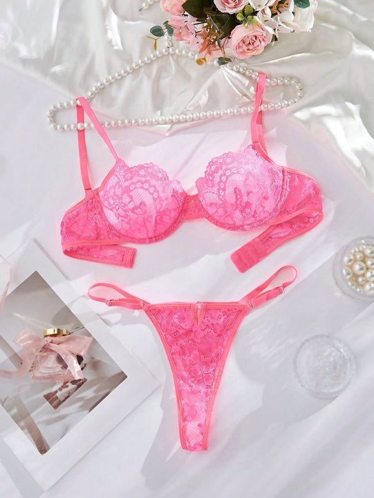 Conjunto De Encaje Sexy De Sujetador Y Bragas Para Mujer Con Correas De Hombro Ajustables