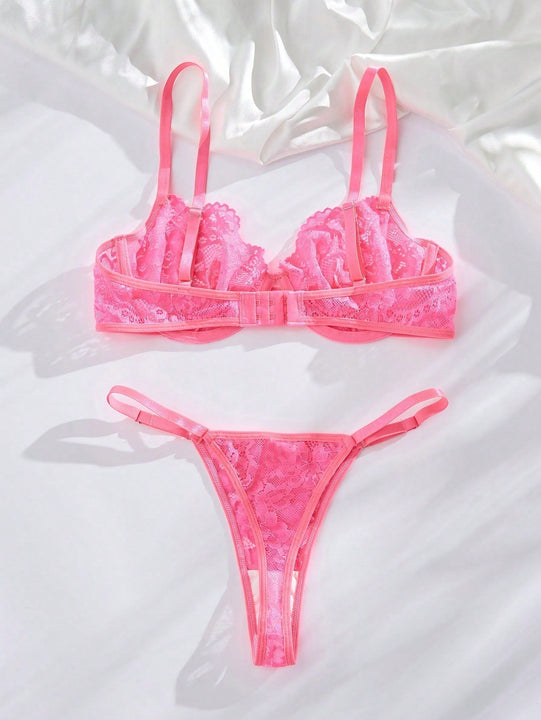 Conjunto De Encaje Sexy De Sujetador Y Bragas Para Mujer Con Correas De Hombro Ajustables