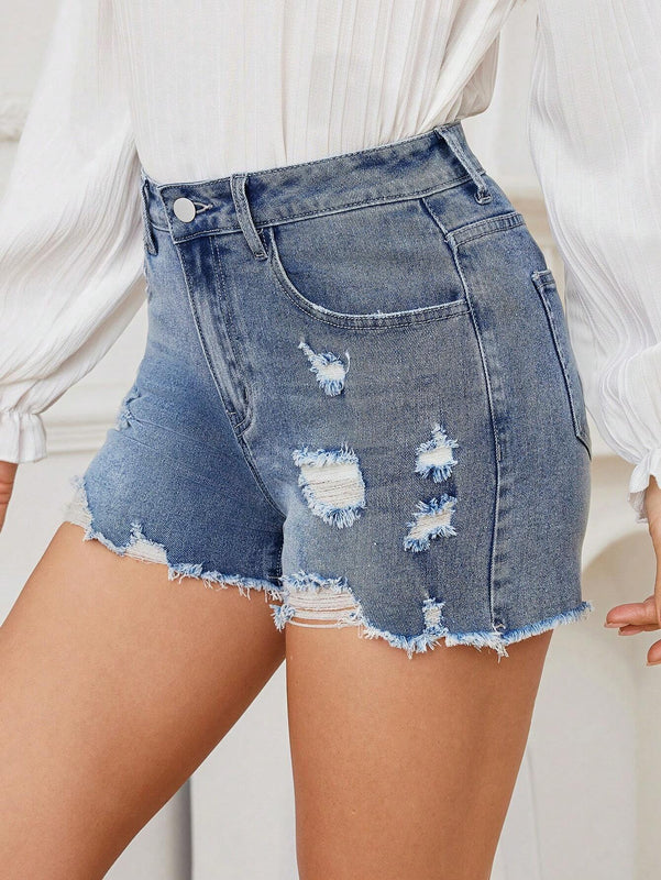 LUNE Shorts De Mezclilla Desgastados Y Deshilachados Para Mujer