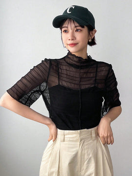 FRIFUL Camisa Transparente De Cuello Alto Para Mujer