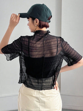 FRIFUL Camisa Transparente De Cuello Alto Para Mujer