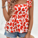 VCAY Camisa De Cuello Cuadrado Con Volantes Y Patron De Corazon Impreso Con Borde Decorativo