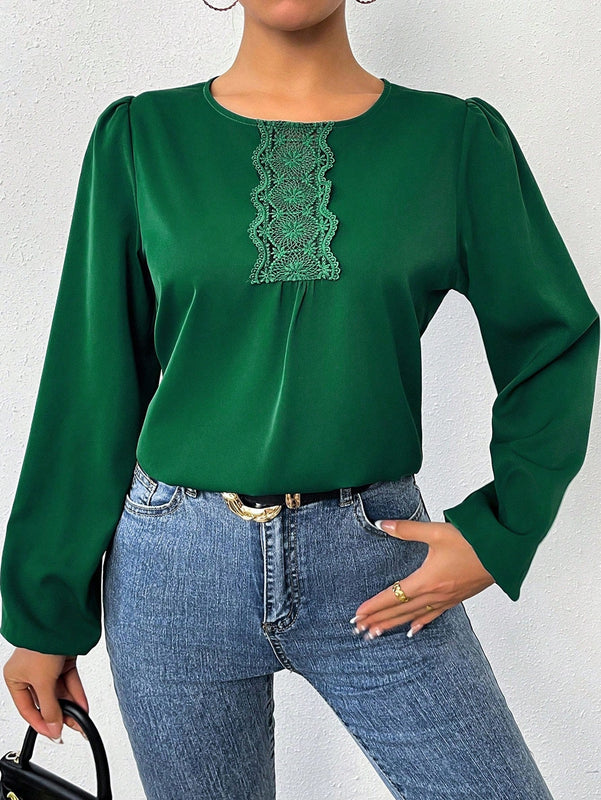 LUNE Camisa De Manga Larga Con Cuello Redondo Y Encaje De Patchwork Para Mujer