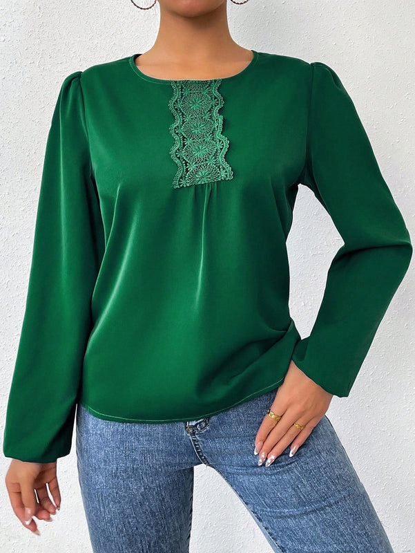 LUNE Camisa De Manga Larga Con Cuello Redondo Y Encaje De Patchwork Para Mujer