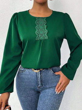 LUNE Camisa De Manga Larga Con Cuello Redondo Y Encaje De Patchwork Para Mujer