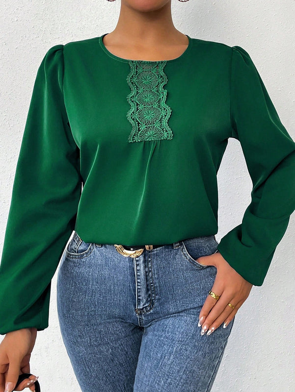 LUNE Camisa De Manga Larga Con Cuello Redondo Y Encaje De Patchwork Para Mujer
