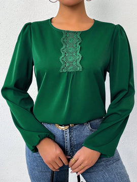 LUNE Camisa De Manga Larga Con Cuello Redondo Y Encaje De Patchwork Para Mujer