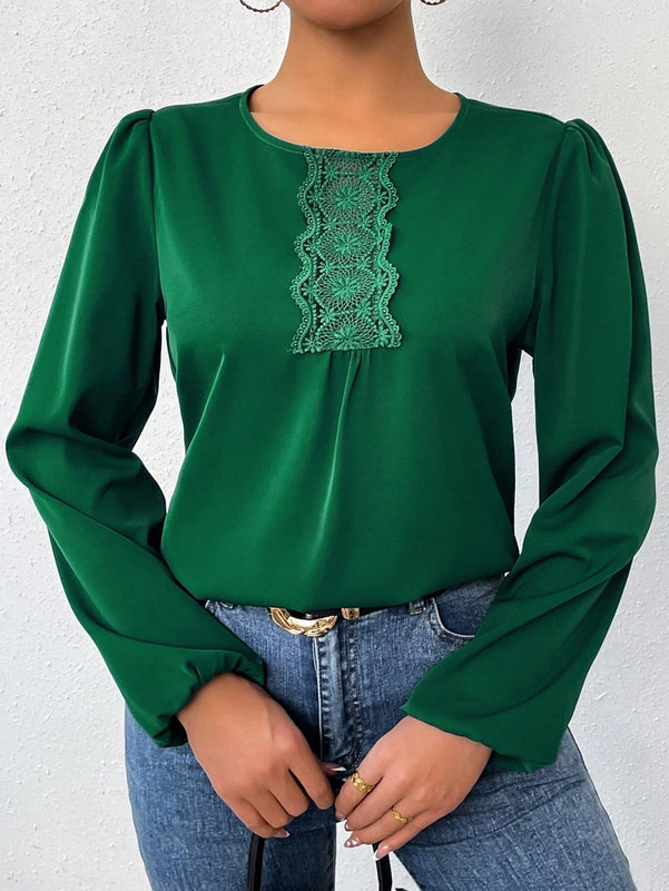 LUNE Camisa De Manga Larga Con Cuello Redondo Y Encaje De Patchwork Para Mujer