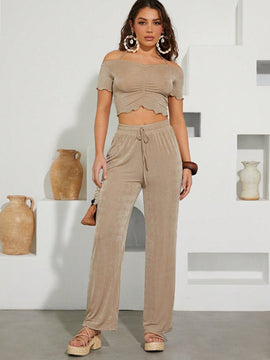 Top Con Hombros Descubiertos, Fruncido Con Dobladillo Estilo Hojas