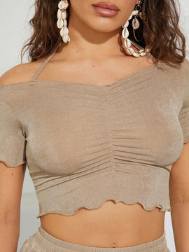 Top Con Hombros Descubiertos, Fruncido Con Dobladillo Estilo Hojas