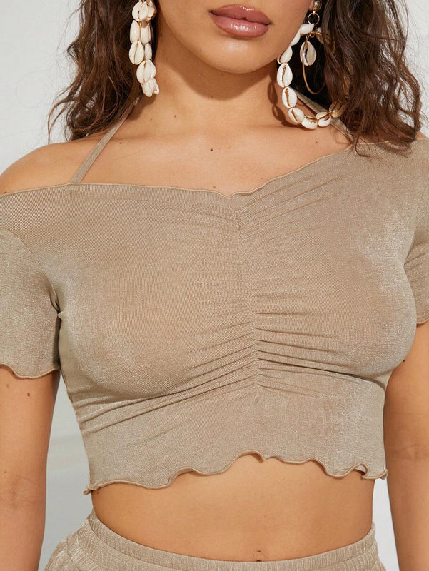 Top Con Hombros Descubiertos, Fruncido Con Dobladillo Estilo Hojas
