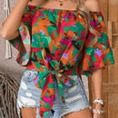 VCAY Blusa Estampada Con Nudo En Frente Y Hombros Descubiertos