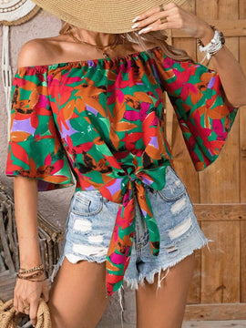 VCAY Blusa Estampada Con Nudo En Frente Y Hombros Descubiertos