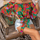 VCAY Blusa Estampada Con Nudo En Frente Y Hombros Descubiertos