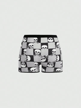ROMWE Goth Pantalones cortos comodos de cuadros con calaveras para mujeres
