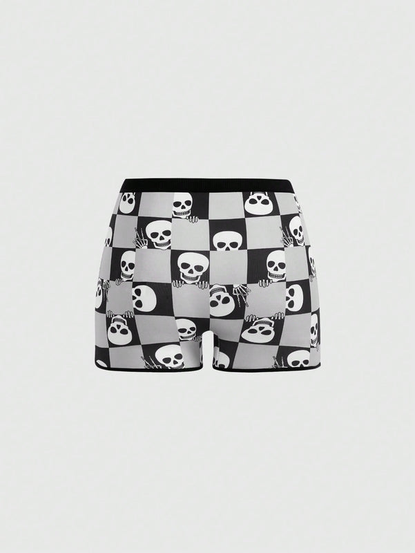 ROMWE Goth Pantalones cortos comodos de cuadros con calaveras para mujeres