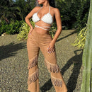 SXY Atuendos Para Conciertos Y Festivales Musiales, Pantalones Acampanados Con Flecos Sexys Para Mujeres