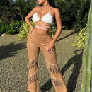SXY Atuendos Para Conciertos Y Festivales Musiales, Pantalones Acampanados Con Flecos Sexys Para Mujeres