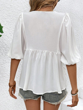VCAY Blusa De Manga Corta Y Mangas De Burbuja Con Encaje Para Mujer