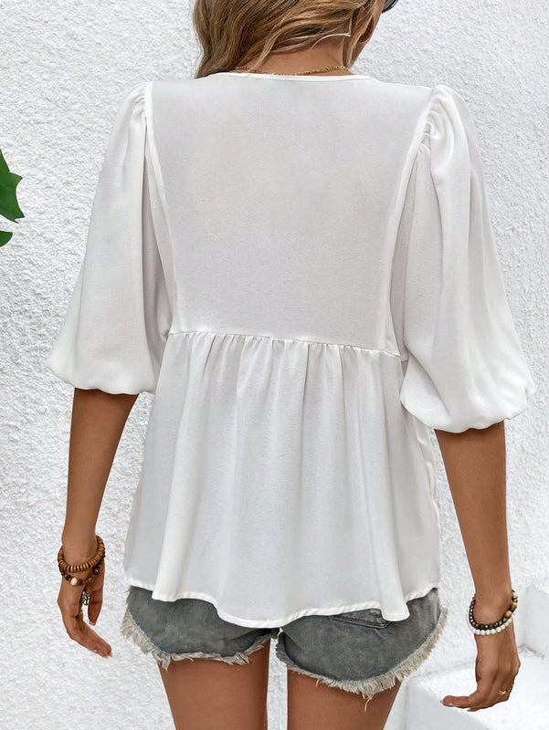 VCAY Blusa De Manga Corta Y Mangas De Burbuja Con Encaje Para Mujer