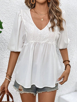 VCAY Blusa De Manga Corta Y Mangas De Burbuja Con Encaje Para Mujer