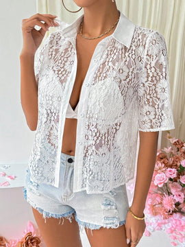 Essnce Blusa Solida De Encaje Transparente De Color Liso