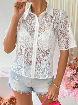 Essnce Blusa Solida De Encaje Transparente De Color Liso