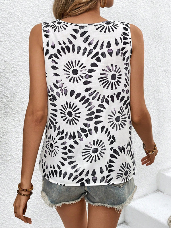 VCAY Blusa Sin Mangas De Cuello Redondo Y Estampado Para Mujer