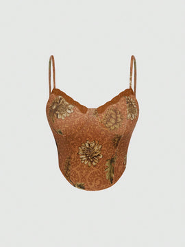 Top Camisola De Encaje Con Estampado Floral Y Patchwork
