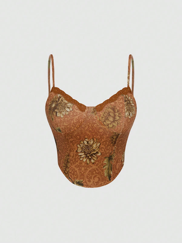 Top Camisola De Encaje Con Estampado Floral Y Patchwork